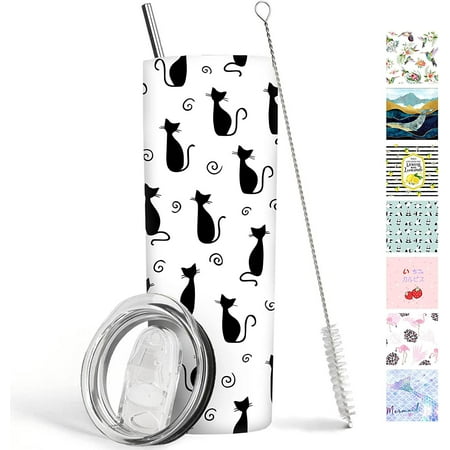 

Cat Tumbler 20 oz Travel Coffee Mug Black Cat Skinny Tumblers with Lid and Straw Stainless Steel Insulated Coffee Cups Gift for Cat Lover