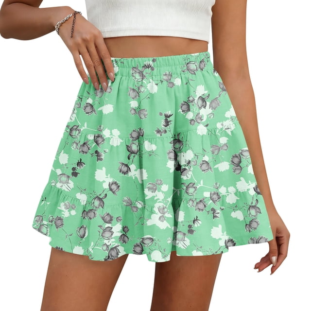 Floral Skirts for Women Short Boho High Waisted Flowy Mini Skirts Casual Summer Ruffle Skirt, M