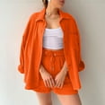 thumbnail image 4 of Women's 2 Piece Outfits Clearance Women's Summer Two Piece Neck Long Sleeve Shirt High Waist Drawstring Large Shorts Casual Set Wide Leg Pants, 4 of 5