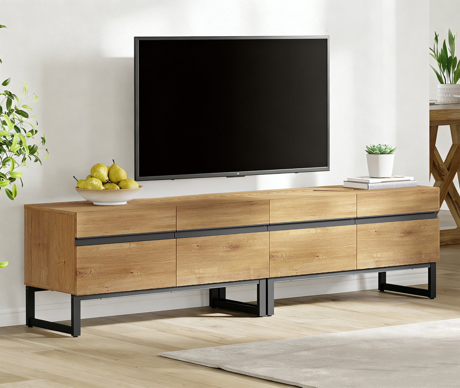 Modern 3-Piece Living Room Set, 71 Inch TV Stand And 2 End Table Sets With 2 Drawers, Media Console with Storage Shelves, Sturdy Wood Frame & Metal Legs, Contemporary Furniture for Living Room,Oak