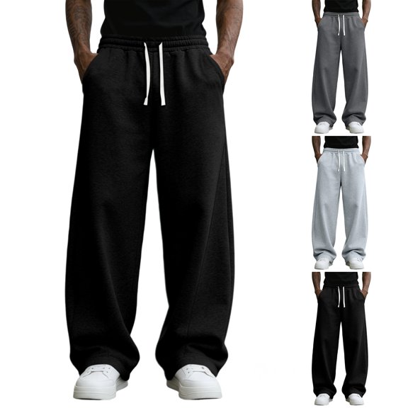 Domuza Mens Baggy Sweatpants Fleece Wide Leg Premium Drawstring Pants Breathable Lounge Joggers with Pockets Black S