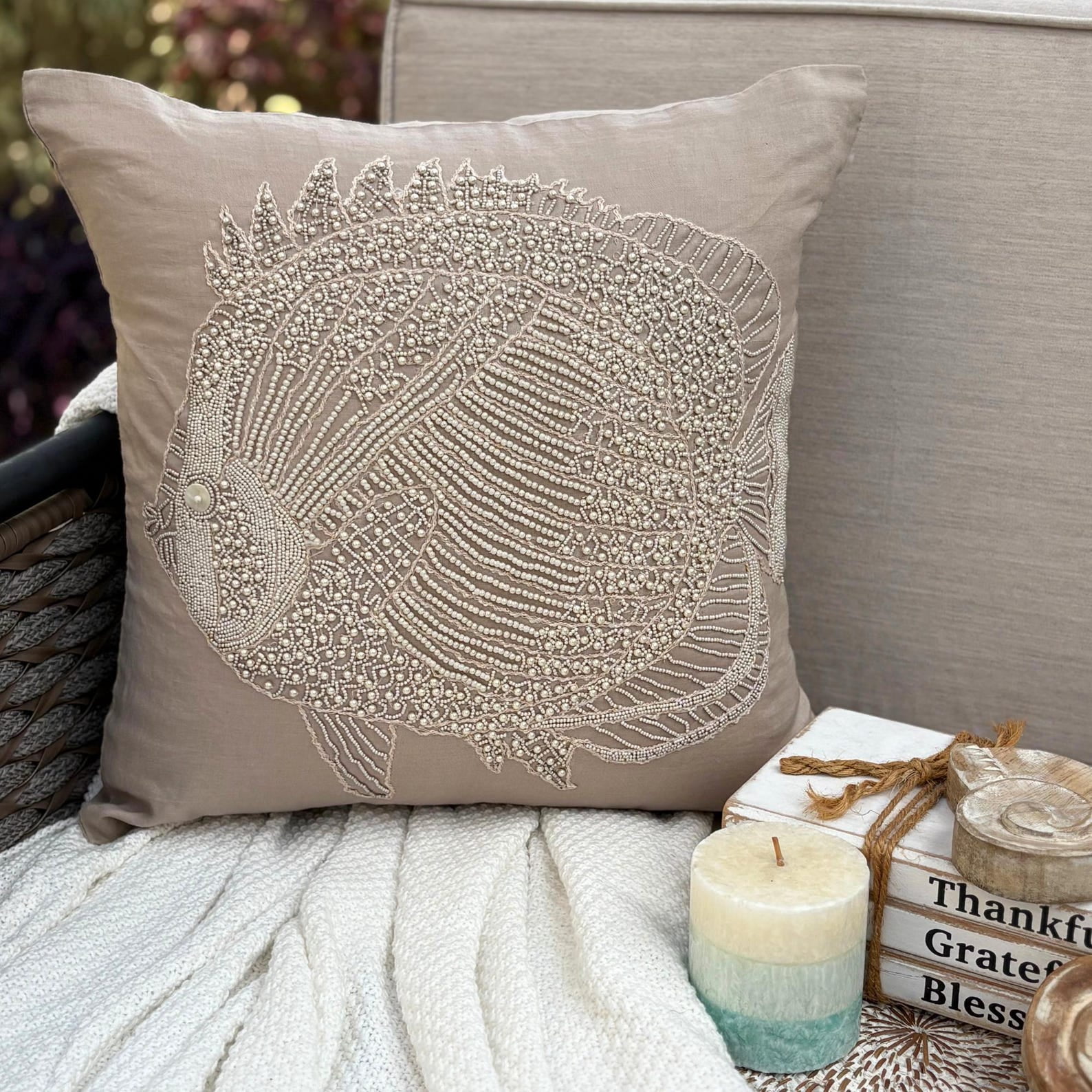 22x22 inch (55x55 cm) Throw Pillow Cover, Mocha Pillow case, Beaded Fish Sea Creatures Ocean Beach Pillow Cover, Cotton Linen Square Pillowcase, Floral Mediterranean - Butterfly Fish