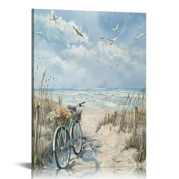 ONETECH Beach Wall Art Bathroom Decor: Blue Gray Coastal Bicycle Picture Wall Decor Bike Flower in Basket Ocean Themed Seagull Poster Print on Canvas Beach Room Decorations for Home Framed