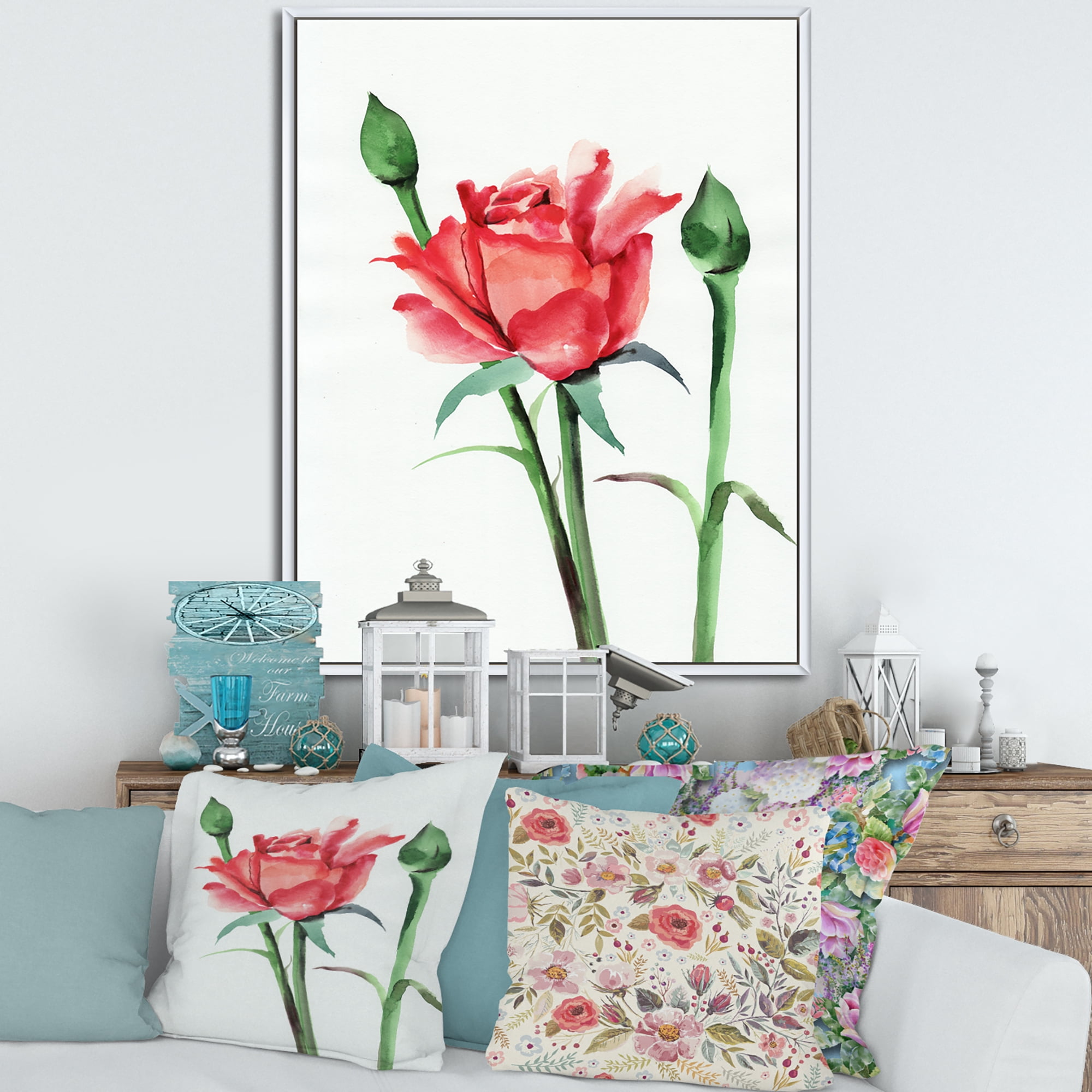 Buds With Red Rose 24 in x 32 in Framed Painting Canvas Art Print, by Designart