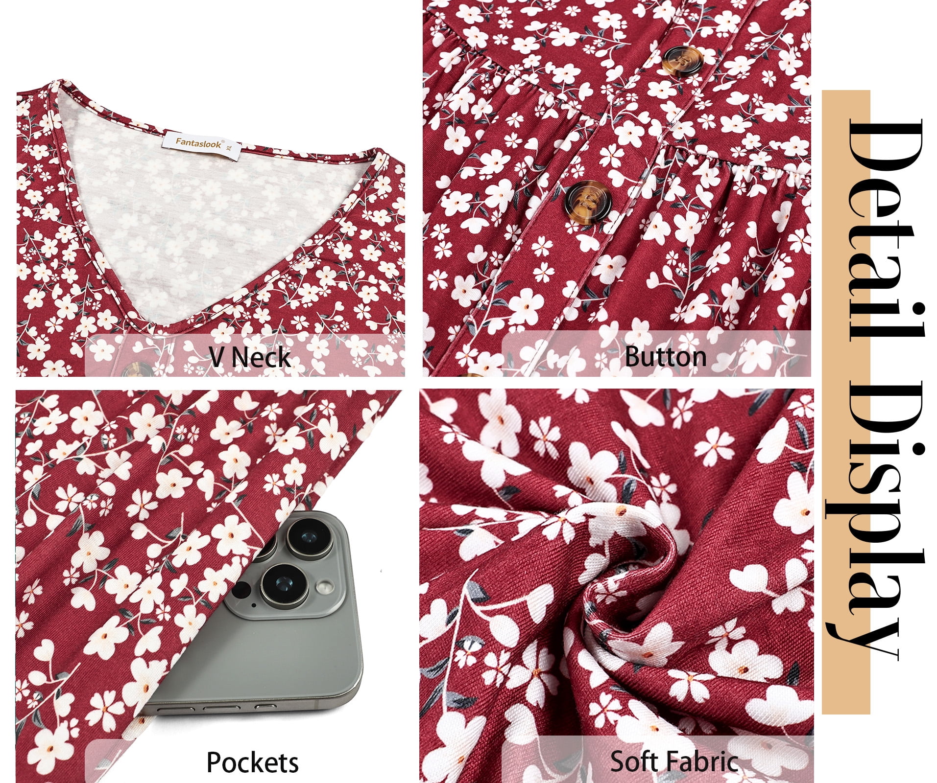 Fantaslook Long Sleeve Dresses for Women V Neck Casual Fall Dress Button Floral Midi Dresses with Pockets