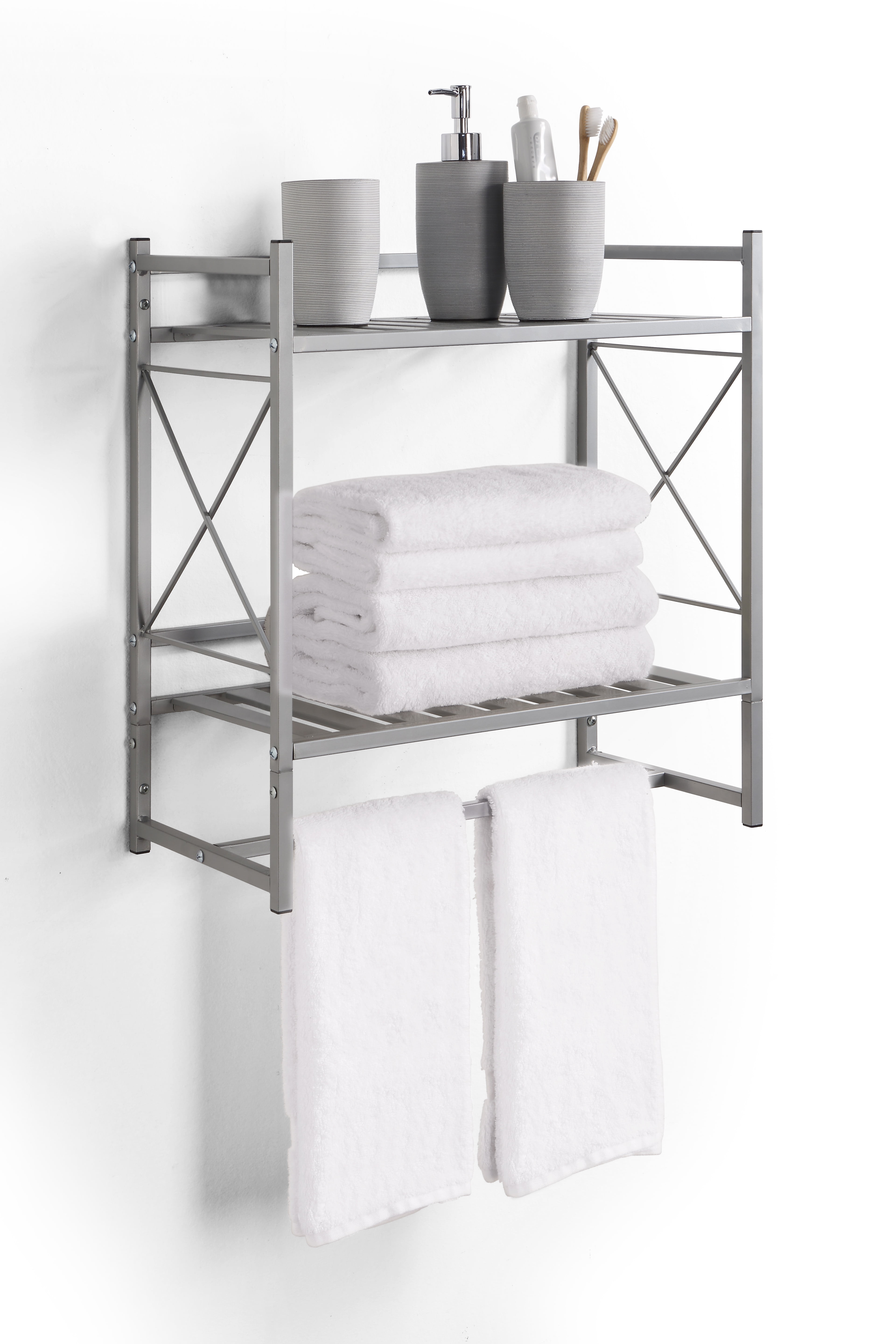 SunnyPoint Classic Square Bathroom Shelf 2 Tier Shelf with Towel Bar