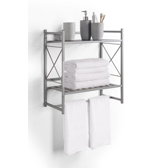 SunnyPoint Classic Square Bathroom Shelf 2 Tier Shelf with Towel Bar Wall Mounted Shower Storage (Classic - Wall Mount - SIL)