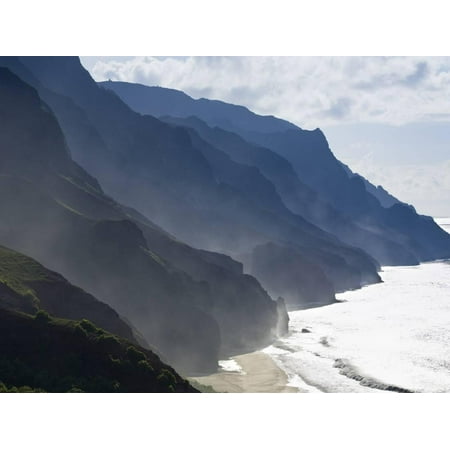The Fluted Ridges of the Na Pali Coast Above the Crashing Surf on the North Shore of Kauai, Hawaii. Print Wall Art By Sergio