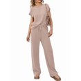 thumbnail image 2 of Women'S Two-Piece Casual Ribbed Knit Short-Sleeved Top, Wide-Leg Pants, Home Wear, Travel Sportswear Khaki L, 2 of 6