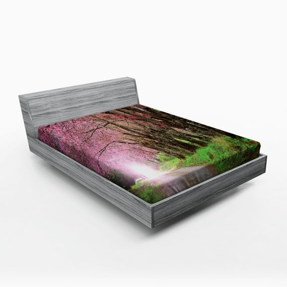 Ambesonne Japanese Fitted Sheet, Park in Chiang Mai, Queen Size, Fuchsia Brown Fern Green