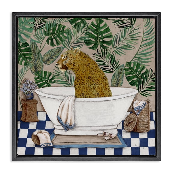 Stupell Industries Coastal Leopard in Tropical Bathtub Black Floating Frame Canvas Art, 18 x 18, by Janet Tava