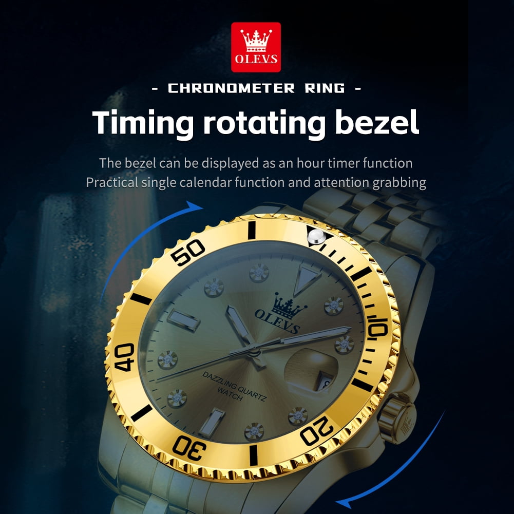 OLEVS Watch for Men Stainless Steel Business Dress Luxury Diamond Big Face Waterproof Mens Watches with Date Analog Wrist Men Watch Reloj para Hombre Gold Dial