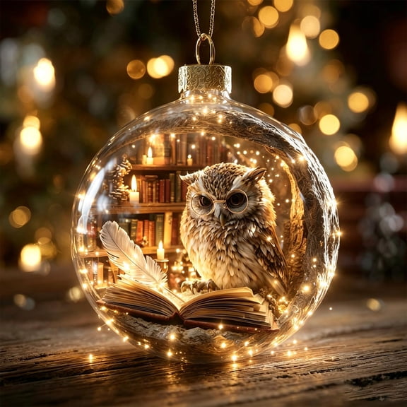 Homellea Light Up Owl Library Christmas Story Ornament Ball, 3D Mini Reading Scene with Warm LED Lights for Christmas Tree, Window, Mantel and Holiday Home Decor, Book Lover Gift, 3.15 Inch