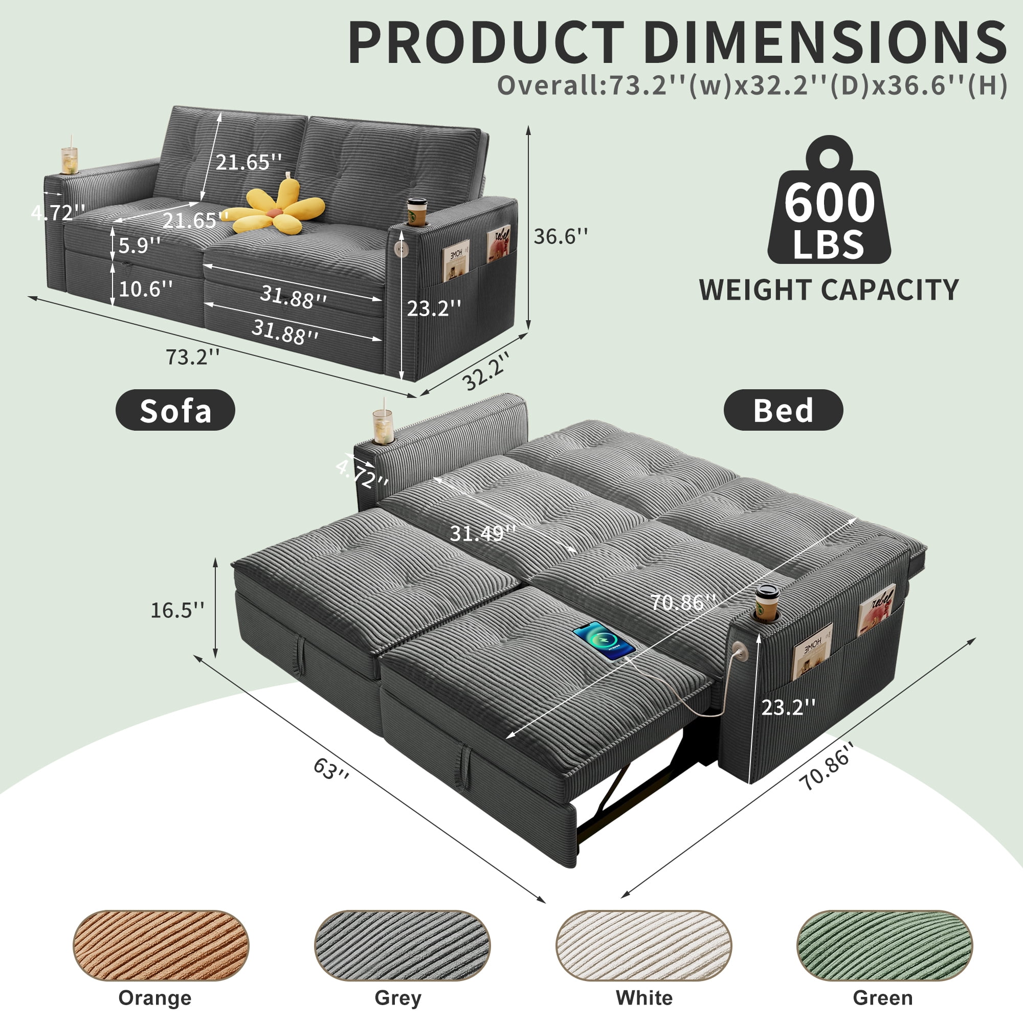 LLappuil 73" Pull Out Sofa Bed Queen Size, Loveseat Sofa Convertible Sleeper Sofa Bed, Corduroy Sofa Couch for Living Room Gray