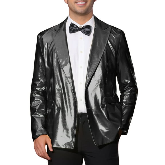 INSPIRE CHIC Men's Suit Shimmering Blazer Peak Lapel Double-Breast Regular Fit Party Style Blazers 2XL Black