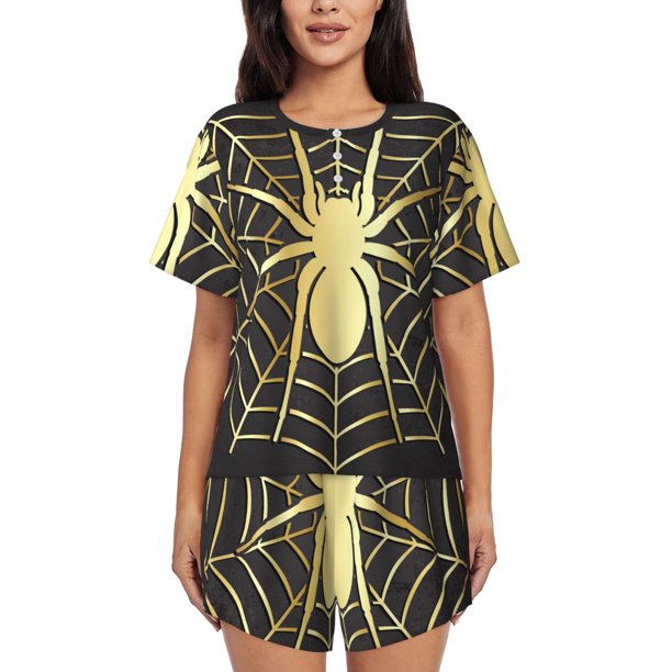 Balery Gold Spider On The Web Conjunto de Pijama para Mujer con Estampado, Dos Piezas de Manga Corta y Shorts, Ropa de Dormir Suave con Cuello Redondo y Bolsillos-3X-Large