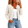 thumbnail image 4 of Women's Button Down Crew Neck Knit Sweater Cardigans, Solid Color Long Sleeve Cardigan Fall Outfits Vintage Sweater Thin Cardigans College Sweaters Lightweight Cardigan,Beige,L, 4 of 5