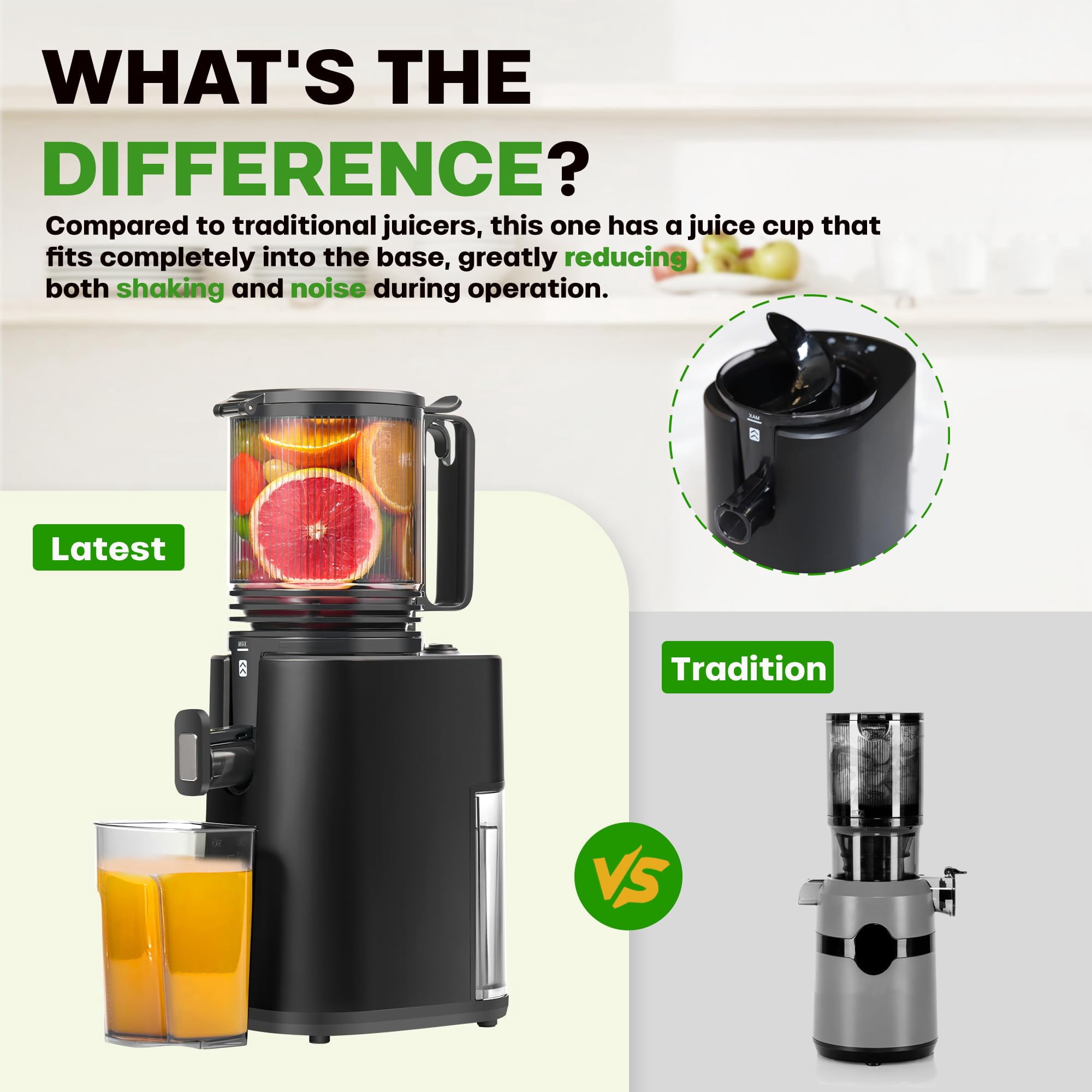 Cold Press Masticating Juicer with 350W AC Motor, 5.4" Wide Feed Chute, Slow Juicer for Whole Fruits & Vegetables, High Juice Yield, Easy to Clean – Black