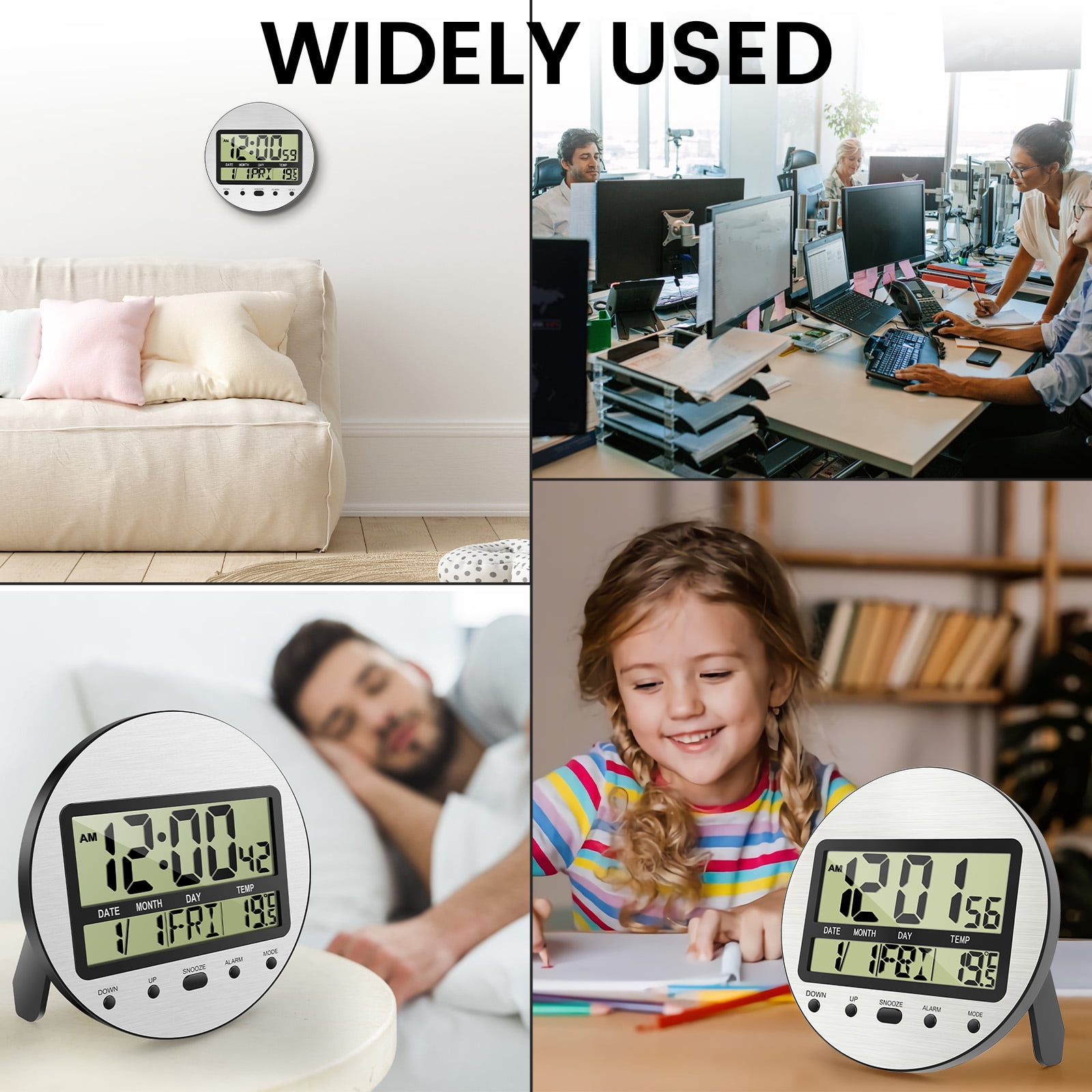 Atomic Digital Wall Clock with Temperature,Seconds,Date and Day of Week - Easy to Read/Set,Auto DST,Aluminum Silver,Round,Wall Mount/Desk Battery Operated