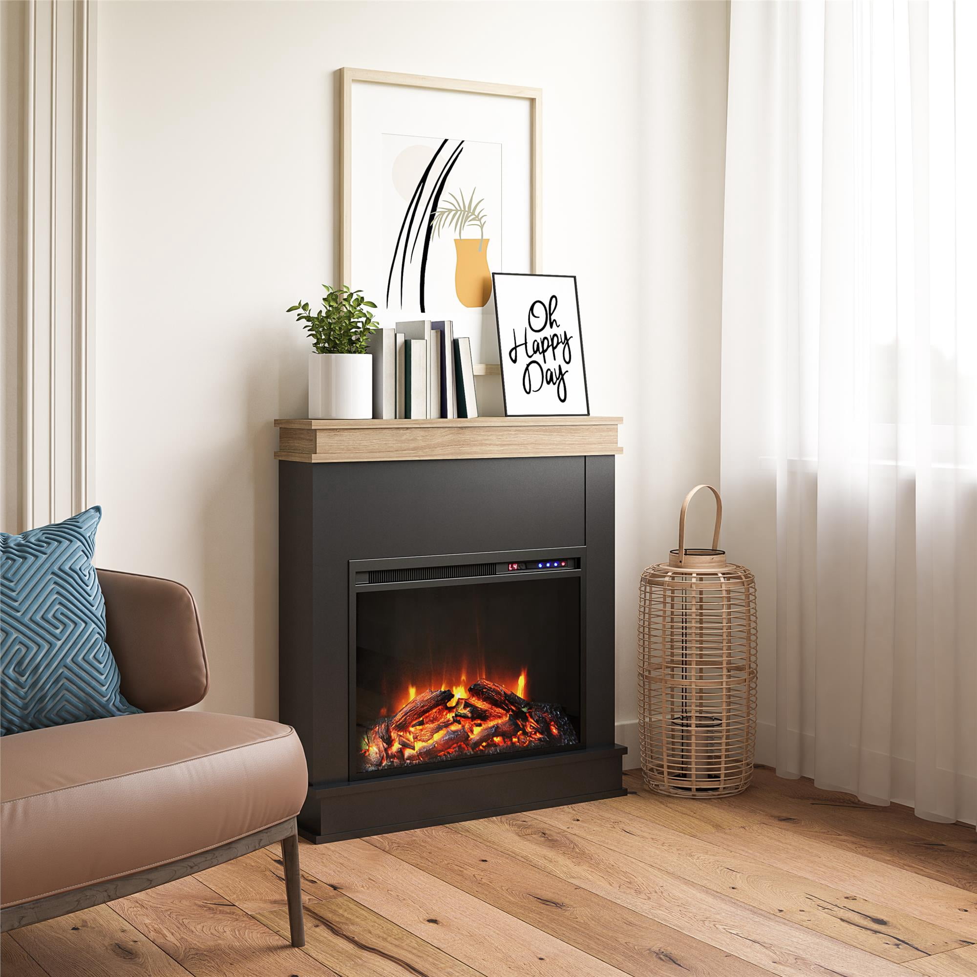 Ameriwood Home Mabrick Electric Fireplace with Mantel and Touchscreen Display, Black with Natural Mantel
