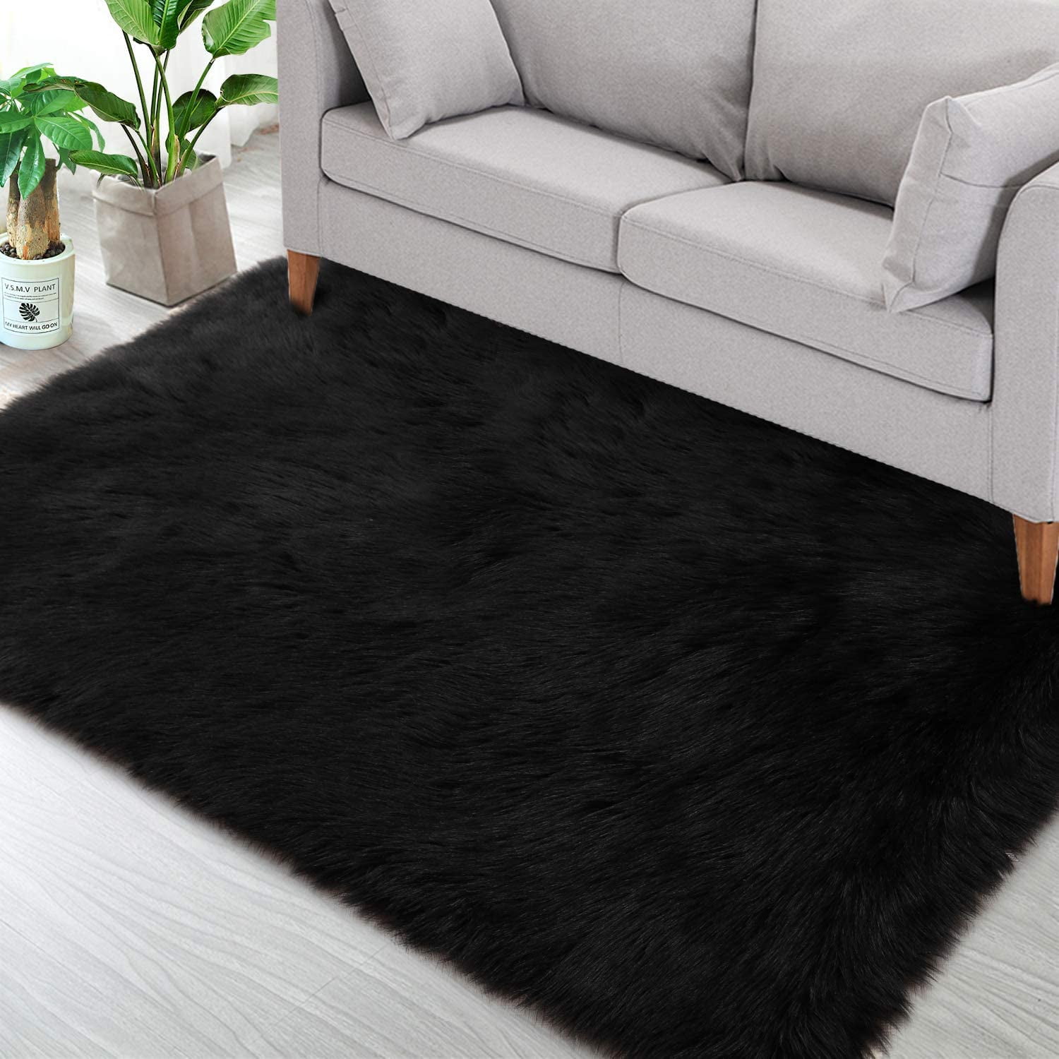Lochas Soft Faux Sheepskin Area Rugs for Bedroom Shaggy Plush Floor Bedside Carpet,3'x5',Black