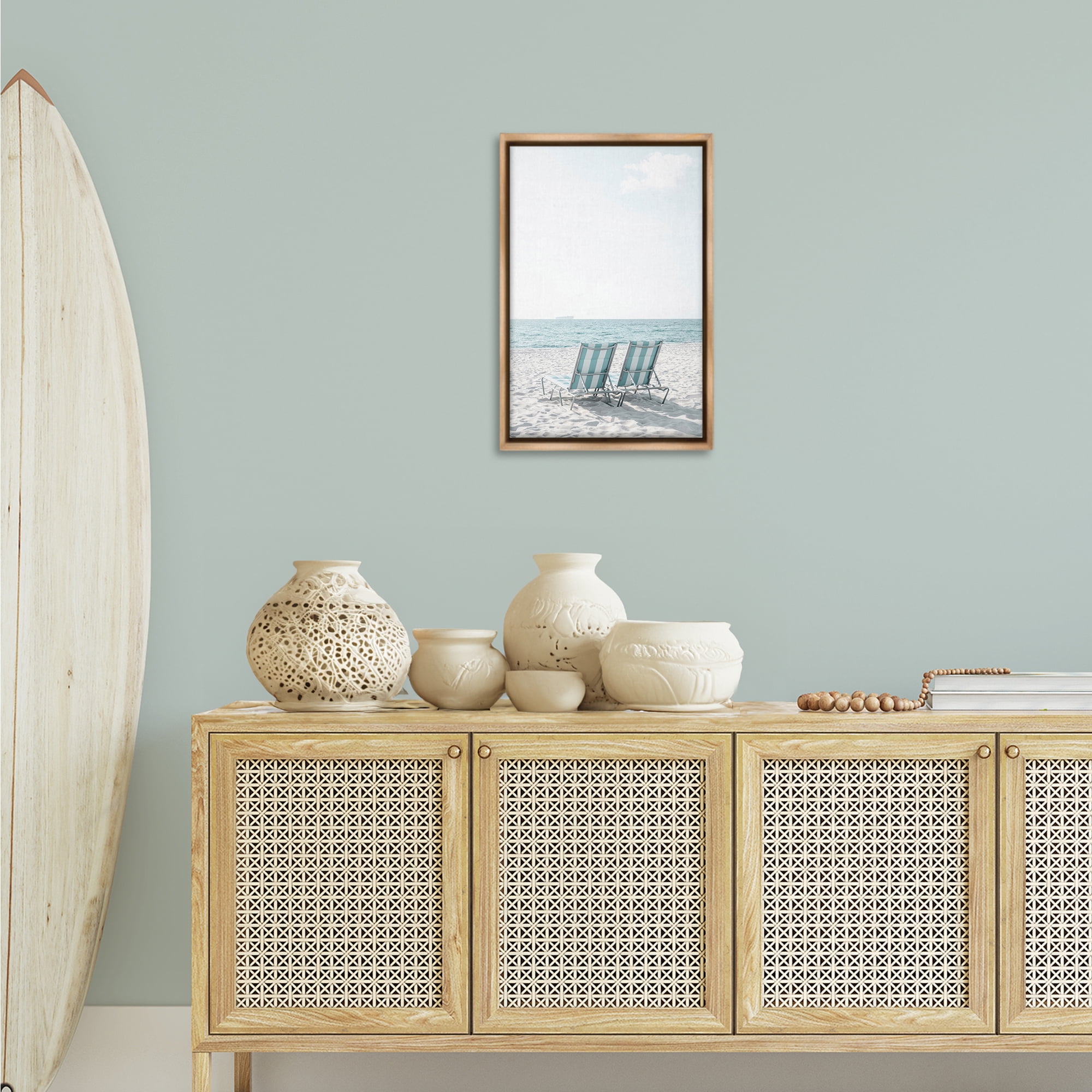 Stupell Industries Soothing Blue Beach Chairs Nautical & Beach Photography Brown Floater Framed Canvas Art Print Wall Art, 17 x 25