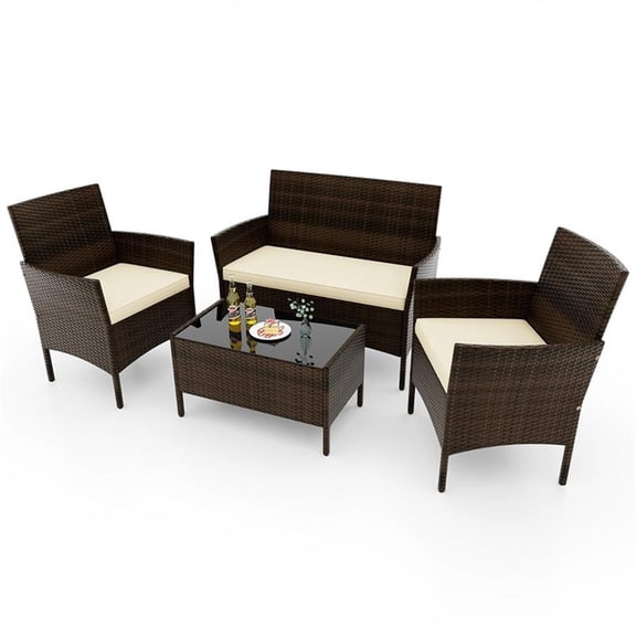 Pemberly Row 4 PCS Patio Furniture Set with Tempered Glass Coffee Table Beige