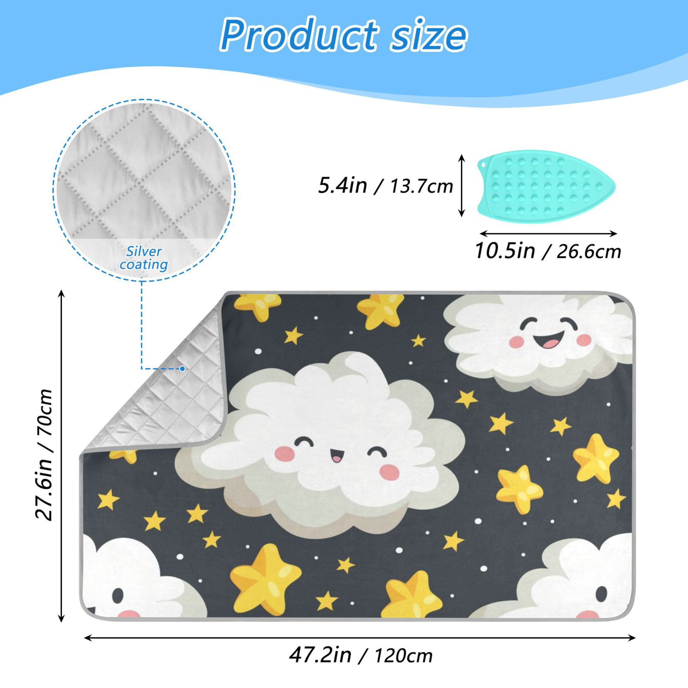 Cute Clouds Stars in Night Ironing Mat Blanket Portable Travel Ironing Pad Heat Resistant Pad 47.2" x 27.6”