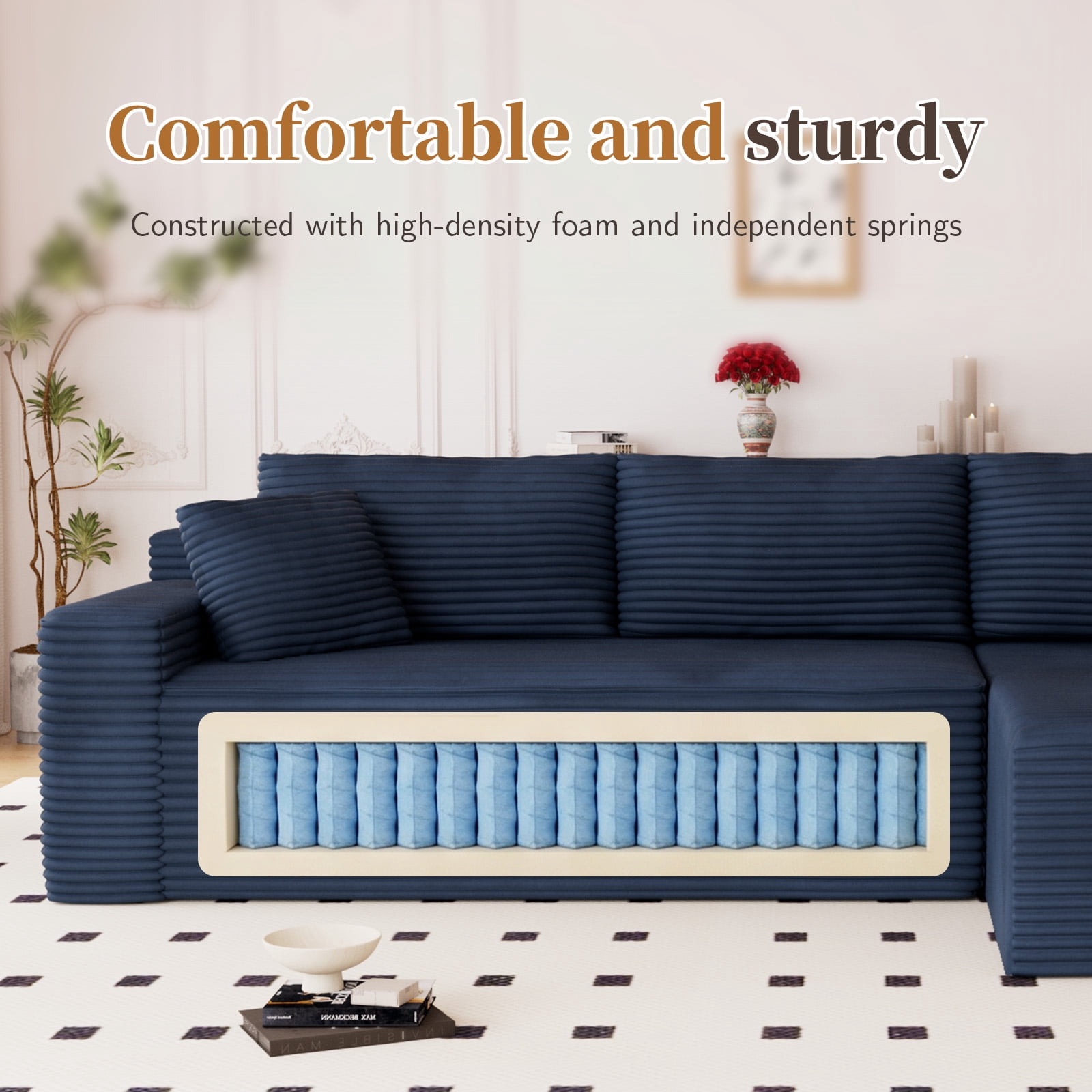 Lunale 105" Modular L-Shaped Sectional Sofa, Boneless Cloud Couch, No Assembly Required, Modern Deep Seat Corduroy Sofa for Living Room, Blue (Right Facing Chaise)