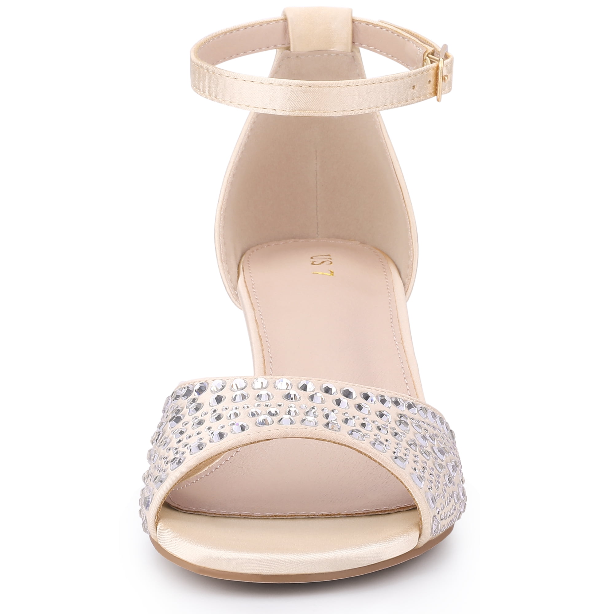 DARING DIVA Women's Rhinestone Ankle Strap Kitten Heel Satin Sandals Champagne 10
