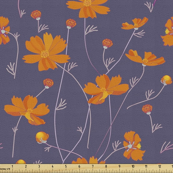 Burnt Orange Fabric by the Yard Upholstery, Flowers Buds and Thin Peduncles, Decorative Fabric for DIY and Home Accents, 1 Yard, Dark Indigo Marigold by Ambesonne