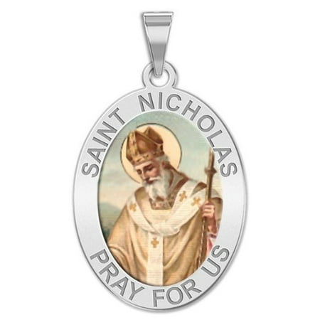 Saint Nicholas Medal Saint Nicholas OVAL Religious Medal Color - 1/2 X 2/3 Inch Size of Dime, Solid 14K White Gold ()