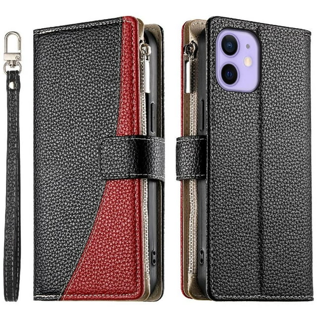 Funda cartera GANGXUN para iPhone 12 Mini , cuero PU con tarjetero, cremallera, correa de mano, soporte y protección 577°