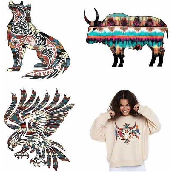 4pcs/Set Western Animals Heat Transfer Stickers Aztec Pattern Iron on Transfers Boho Iron on Patches Washable Heat Transfer Paper for Clothing T-Shirt Jeans Backpacks DIY Applique