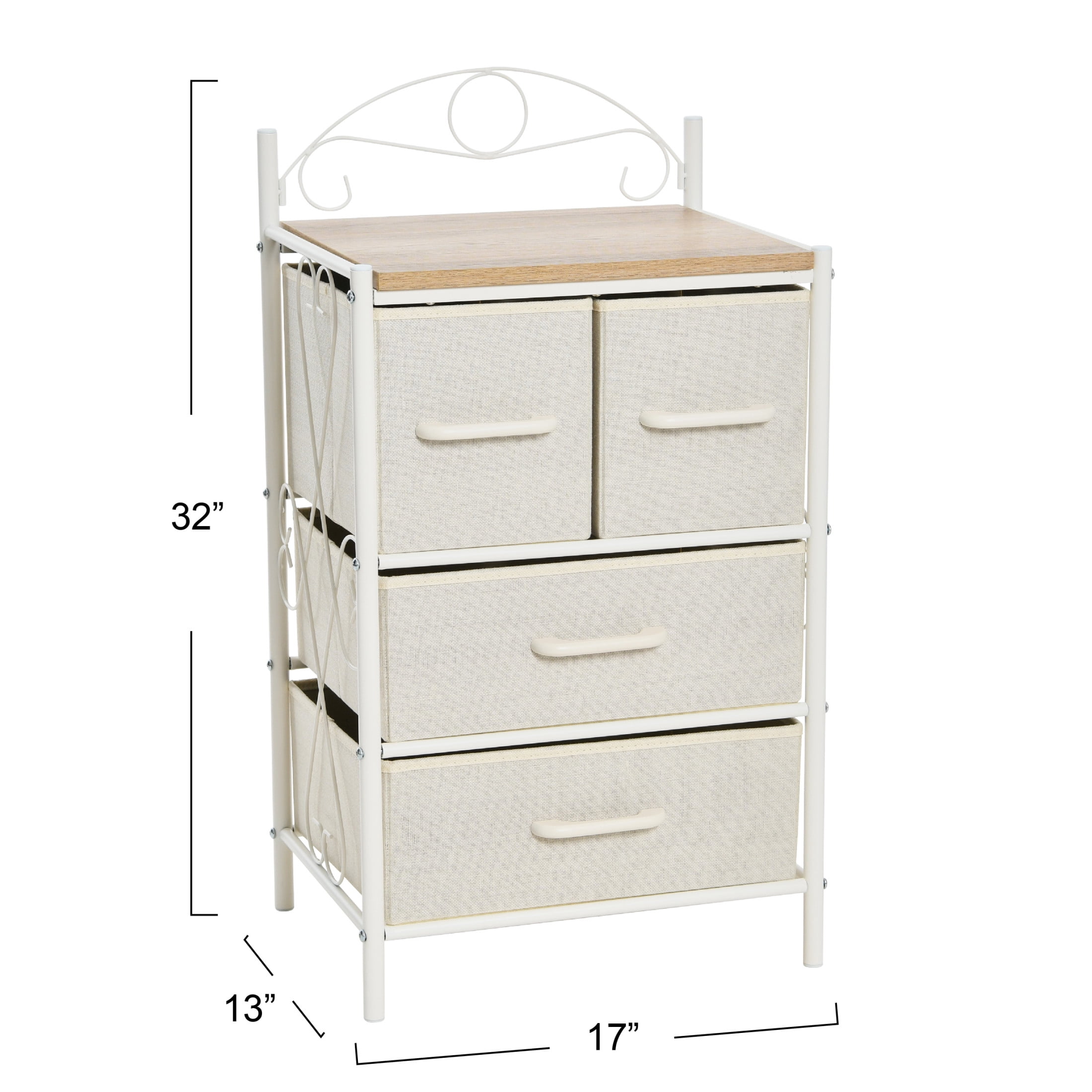 Household Essentials Victoria Dresser Nightstand Storage Organizer with 4 Beige Drawers White Metal Frame and Coastal Oak Rustic Wood Grain Top