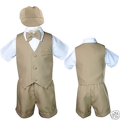 New Baby Boy & Toddler Formal Vest shorts Hat Suit New born to 4T Khaki 