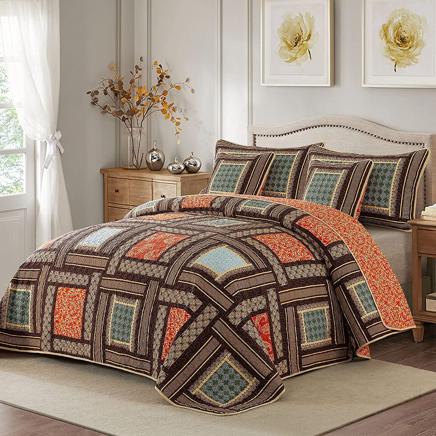 Nordmiex Patchwork Cotton Quilt Set Bohemian Farmhouse Bedding Set, Queen