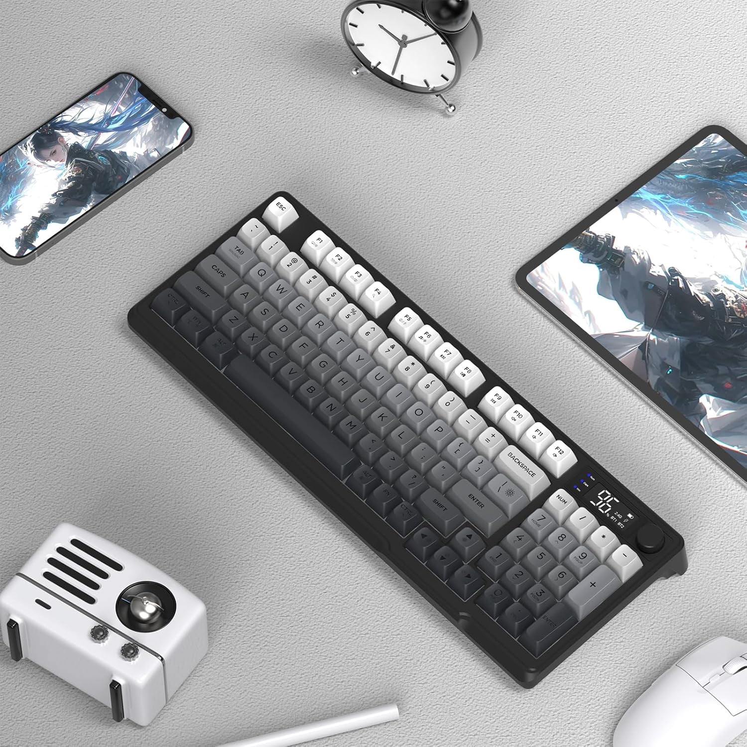 FREEWOLF M96 Wireless Gaming Keyboard Creamy Membrane with Rainbow Backlight,Media Knob,LCD Screen,Dual Mode-Bluetooth/2.4Ghz,Ball Shape PBT Keycap 94 Key...