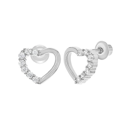Rhodium Plated Clear Crystal Heart Screw Back Earrings for Kids