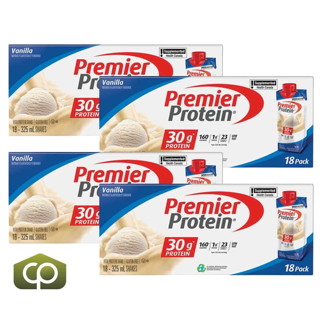 Premier Protein Boisson Frappée à la Vanille Riche en Protéines, 18 x 325 ml - Boisson Frappée Prête à Boire. l'Image Affiche Plusieurs Boîtes de 18 Paquets de Boissons Frappées à la Vanille Premier Protein, Chaque Tétra-Emballage Contenant 30 Grammes de Protéines, 1 Gramme de Sucre et Faible en Gras. l'Emballage Présente une image de Cuillère à la Vanille et le logo Premier Protein, Soulignant Ses Bienfaits Nutritionnels.