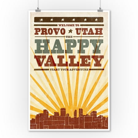 Provo, Utah - Skyline & Sunburst Screenprint Style - Lantern Press Artwork (9x12 Art Print, Wall Decor Travel