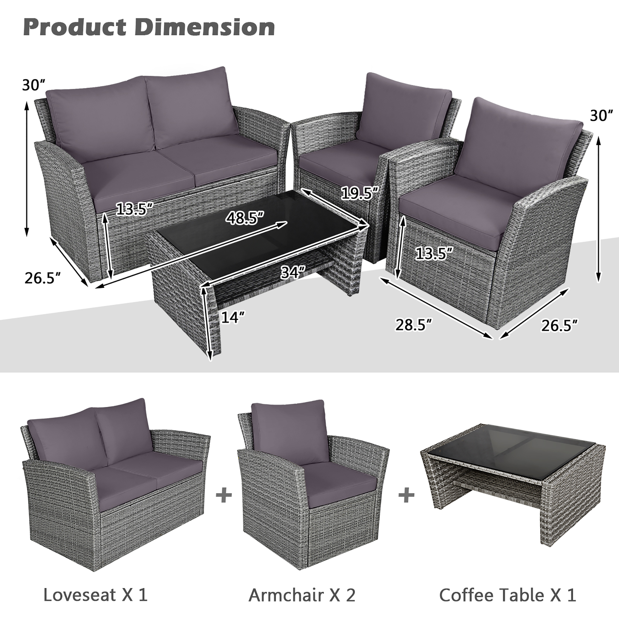 Gymax 4PCS Patio Rattan Conversation Set Outdoor Furniture Set w/ Grey Cushions - image 3 of 10