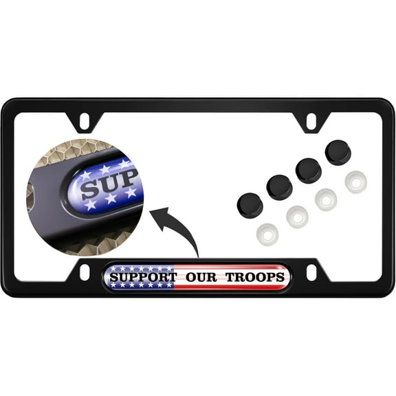 USA Patriotic Anodized Aluminum Thin Top | Narrow Top Car License Plate Frame with Support Our Troops Design Insert with Free caps - Black