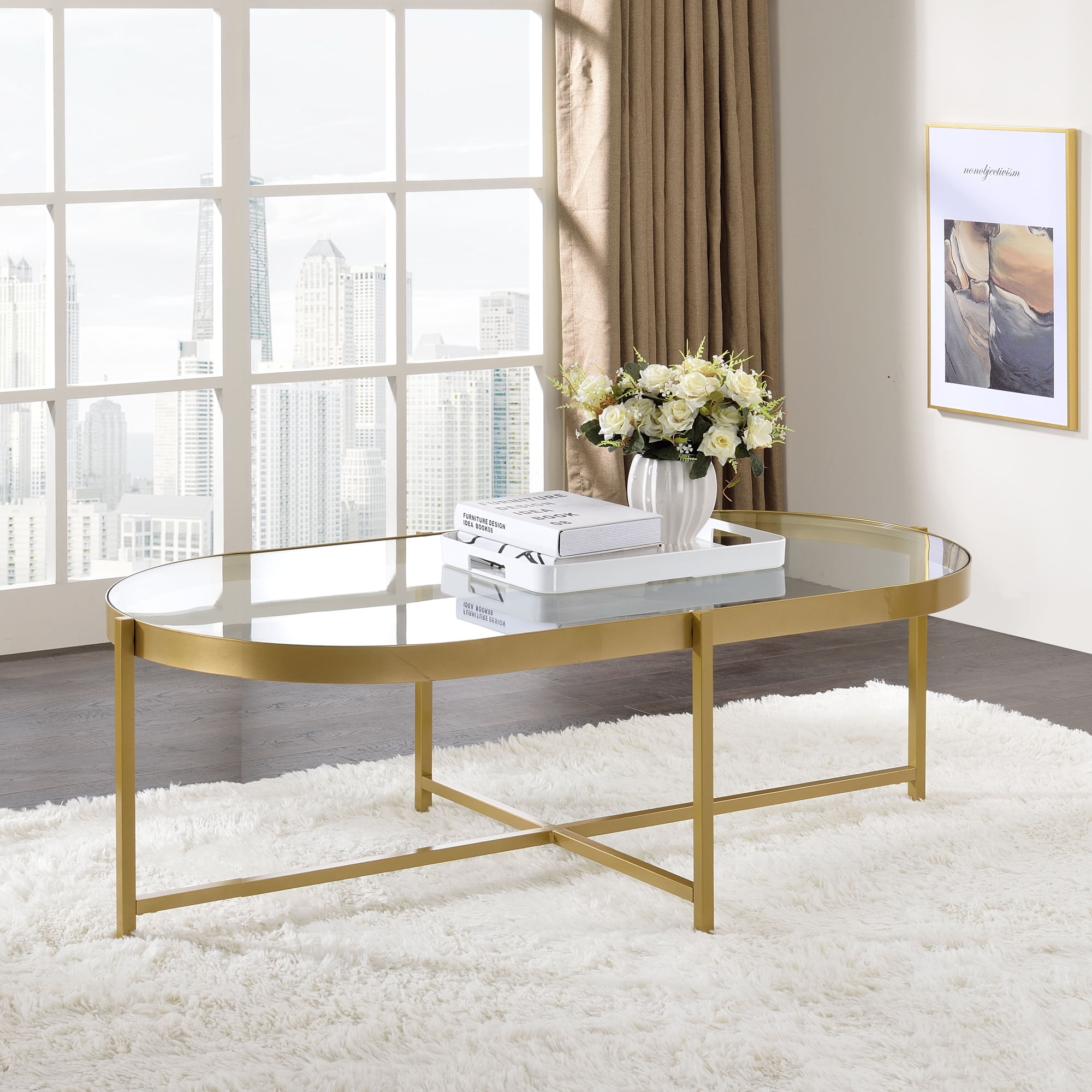 Acme Charrot Coffee Table, Clear Glass & Gold Finish