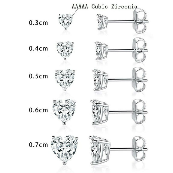 Wisbal 5 Pairs Stud Earrings Set 18k White Gold Plated 3/4/5/6/7mm CZ Earrings 5A Cubic Zirconia Heart Stud Earrings
