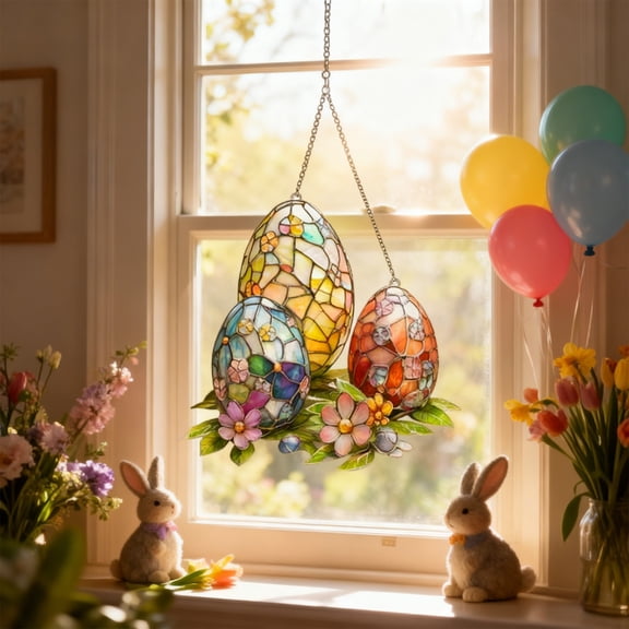 Vggrvlo Easter Hanging Stained Glass for Windows Easter Eggs 2D Hand-Painted for Easter Tree Basket Decor Party Favors Supplies Home