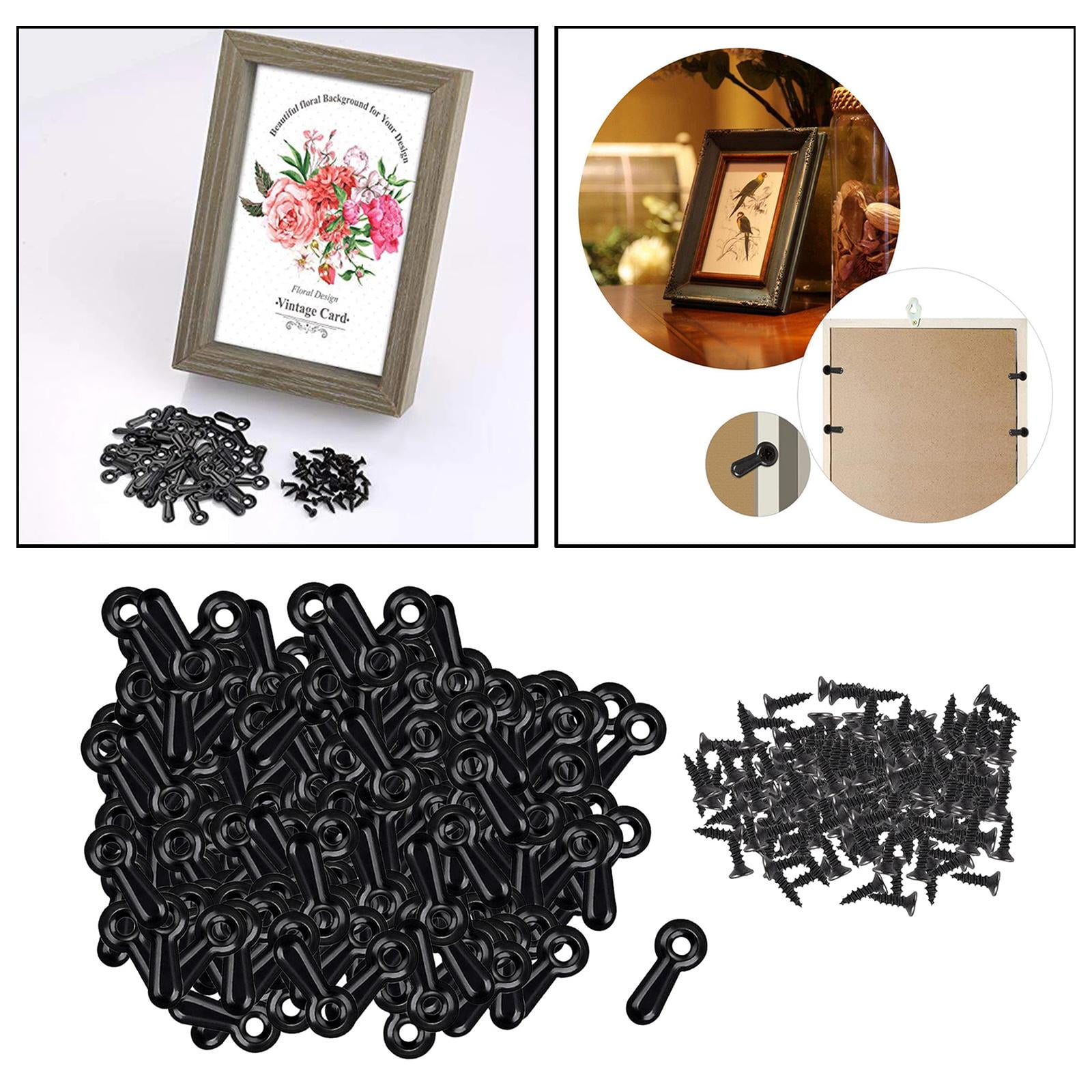 GUOOL Black Buttons Fixing Fasteners Photo Hardware Backing Clips and 300 Screws for Hanging Picture Drawing Photos Surface Plated
