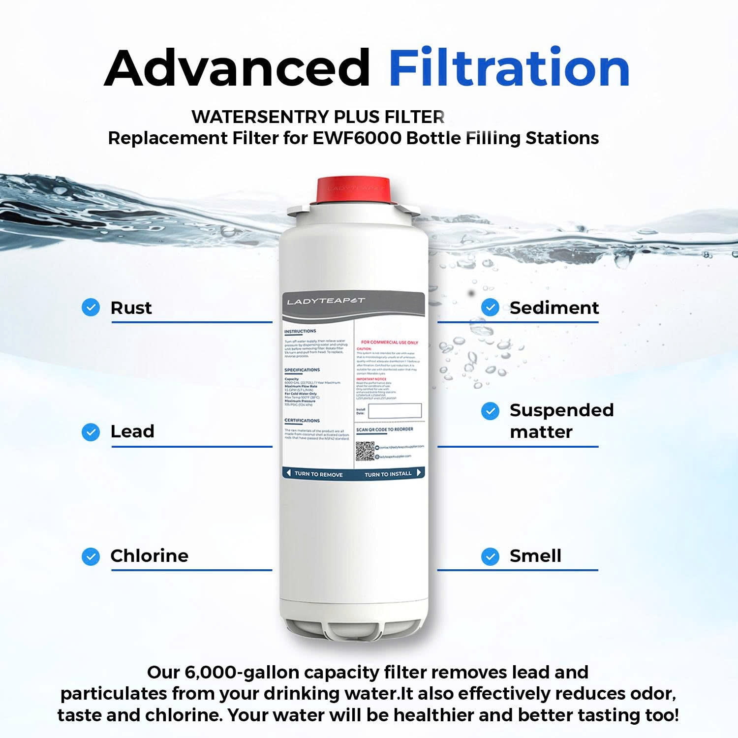 Water Filter Replacement Compatible With Elkay 51600C EWF6000 Bottle Filling Stations, 6000 Gallons/12 Months (No Chip - 2 Pack)