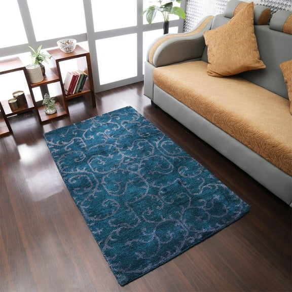 Rugsotic Carpets Hand Knotted Silk Area Rugs - 3'X5', Rectangle, Blue Beige, Contemporary Modern Design, High Pile Thick Handmade Anti Skid Area Rugs For Living Room, Bed Room (Ns3313)