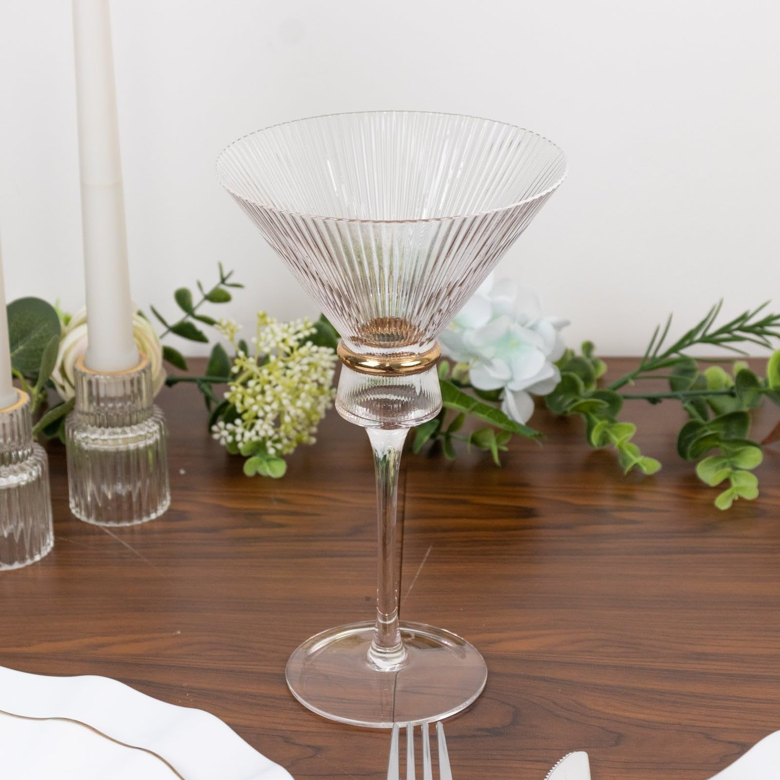 Efavormart 6-Pack Martini Glasses – 10oz Real Glass, Clear Ribbed Design with Gold Ring Accent, Elegant Cocktail Glasses for Martinis & Cosmopolitans – 8" Tall